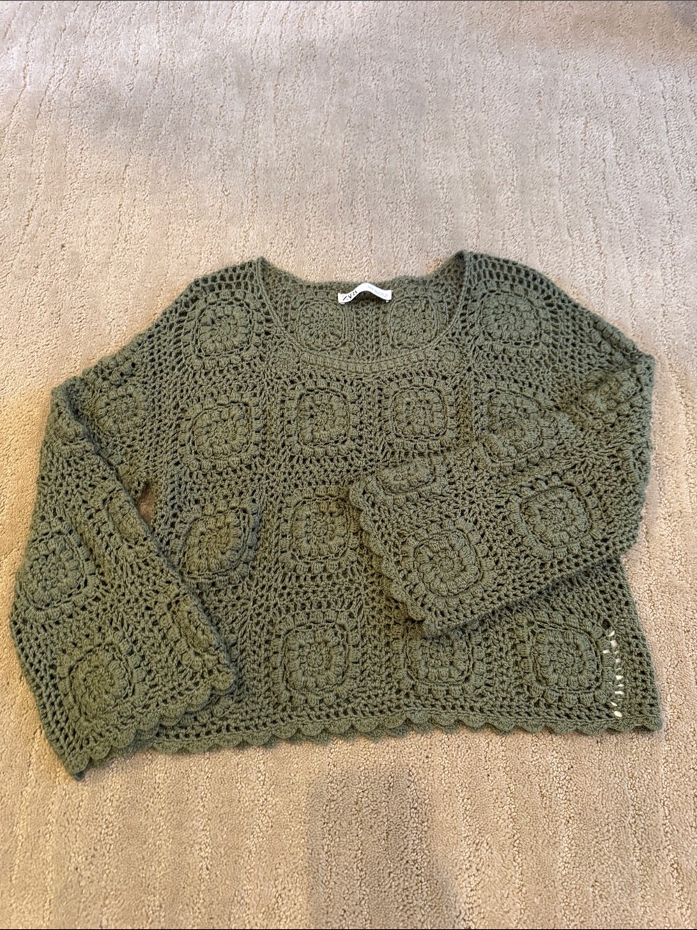 Zara Olive Green Crochet Scoop Neck Sweater